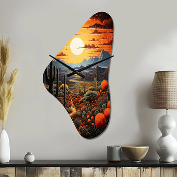 Yellow Green Cactus Desert Sunset Saguaro - Asymmetric Metal Wall Clock